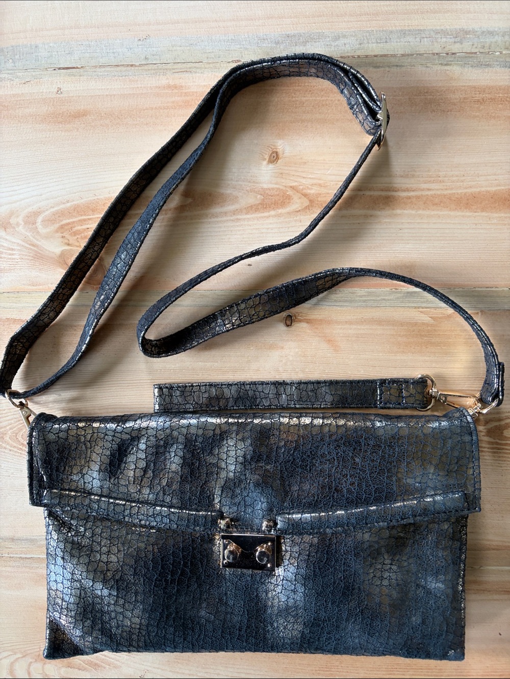 Metallic Black Croc-Embossed Leather Crossbody Clutch